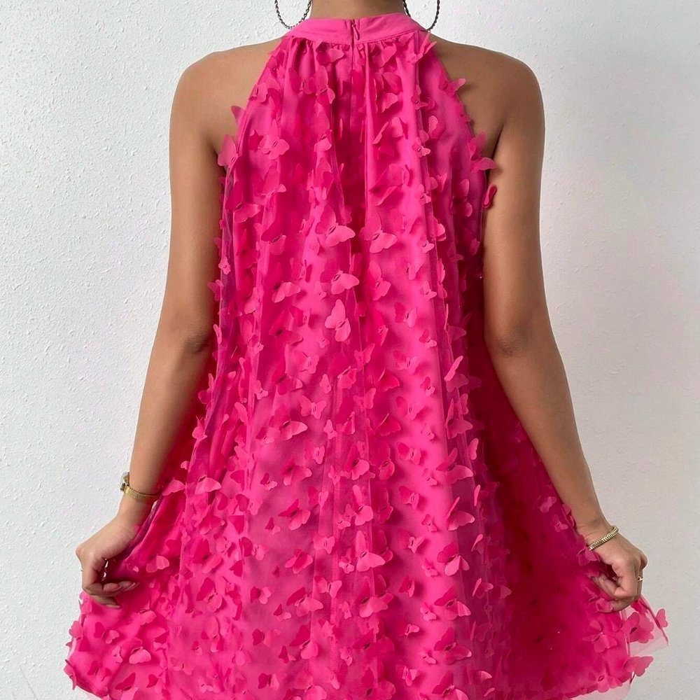 Pink Boho Womens Butterfly Appliques Mesh Overlay Halter Neck Dress - Picture 2 of 5
